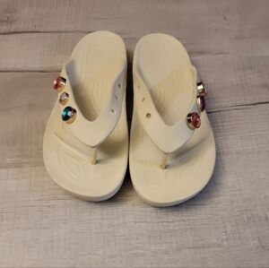 CROCS Ivory Flip Sandals with Multicolor Gem Accents